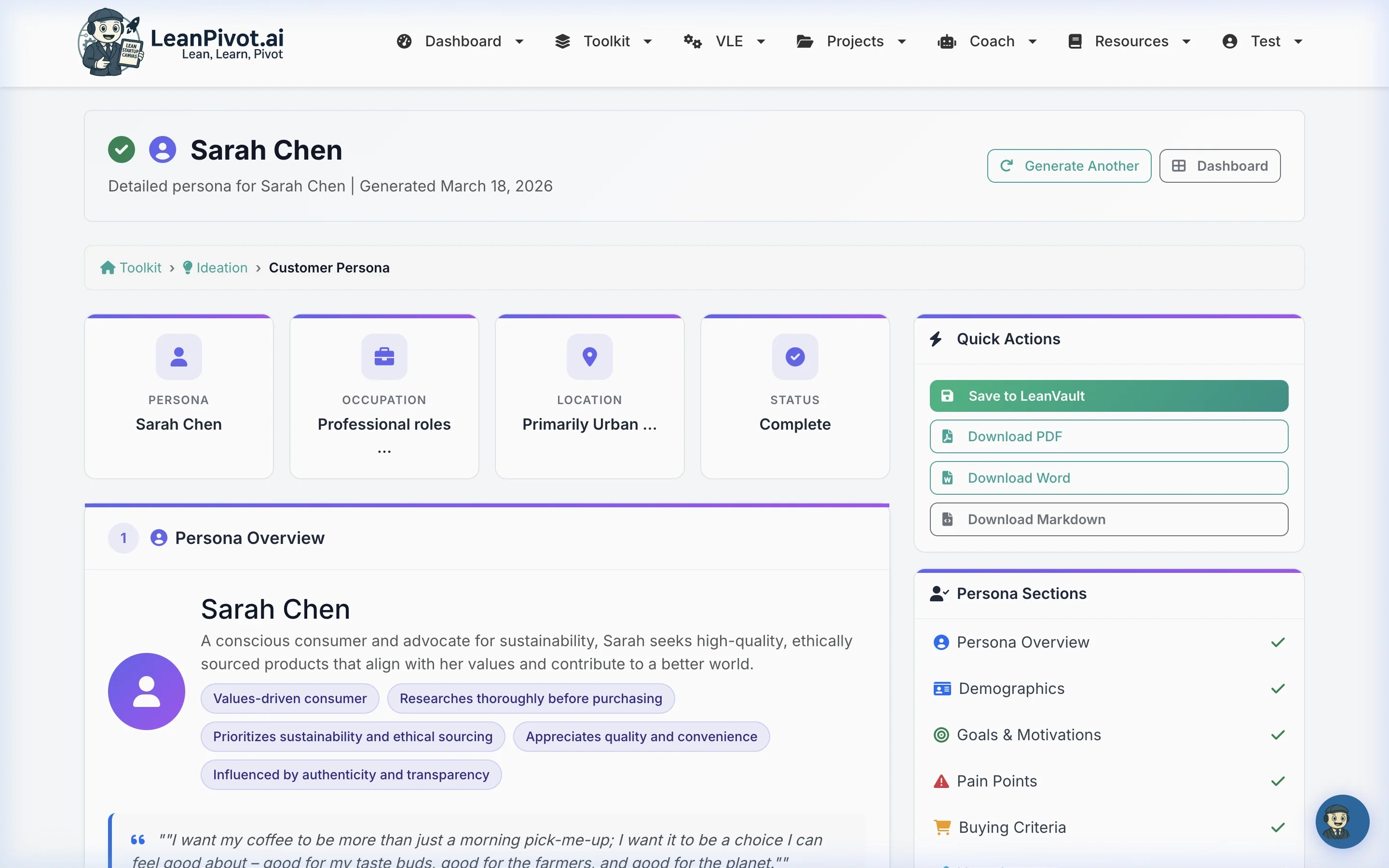 Customer Persona Tool — AI-generated customer persona with demographics, motivations, and pain points