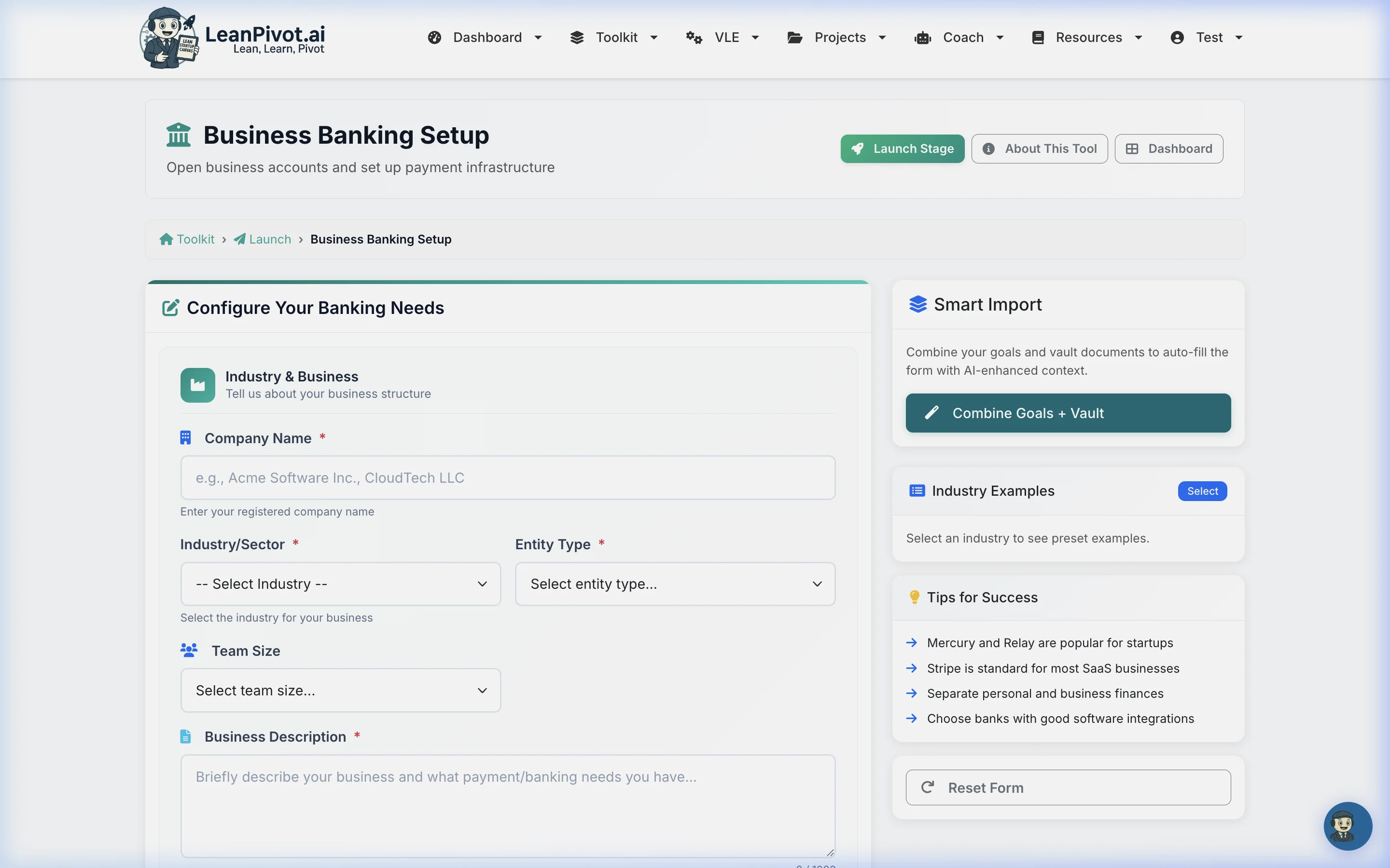 Enter Business & Payment Needs